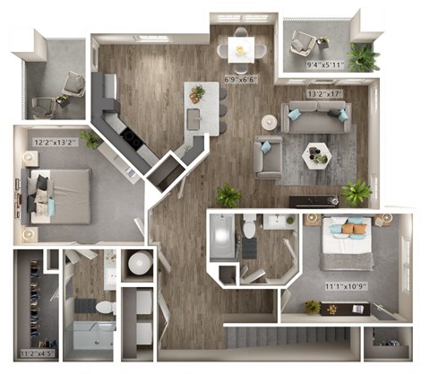 Floor plan for 2 beds, 2 baths, 1238 sqft